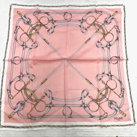 Unused Celine Paris Mini Scarf/Handkerchief Cotton 18" Pink White Gold chain(62 - Picture 5 of 6